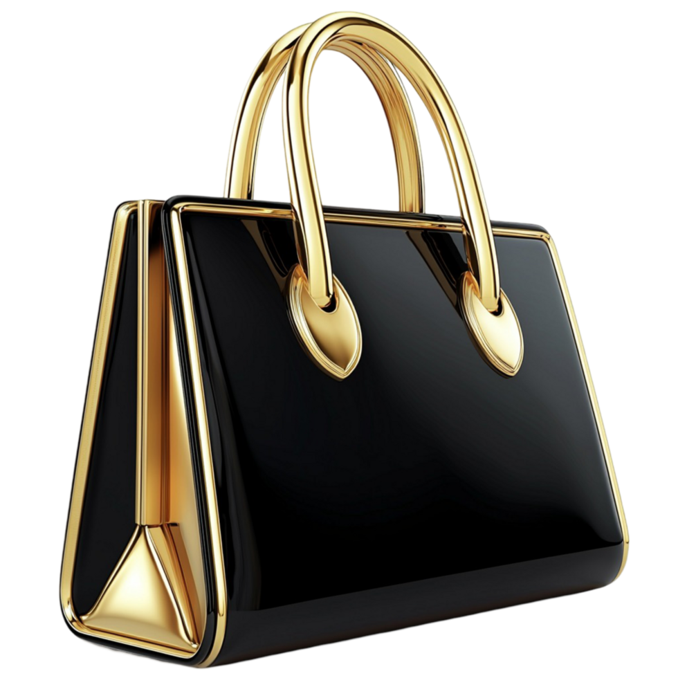black handbag with golden accents and a glossy finish png