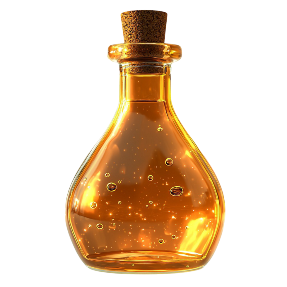 Vintage glass potion bottle with golden sparkling inside png