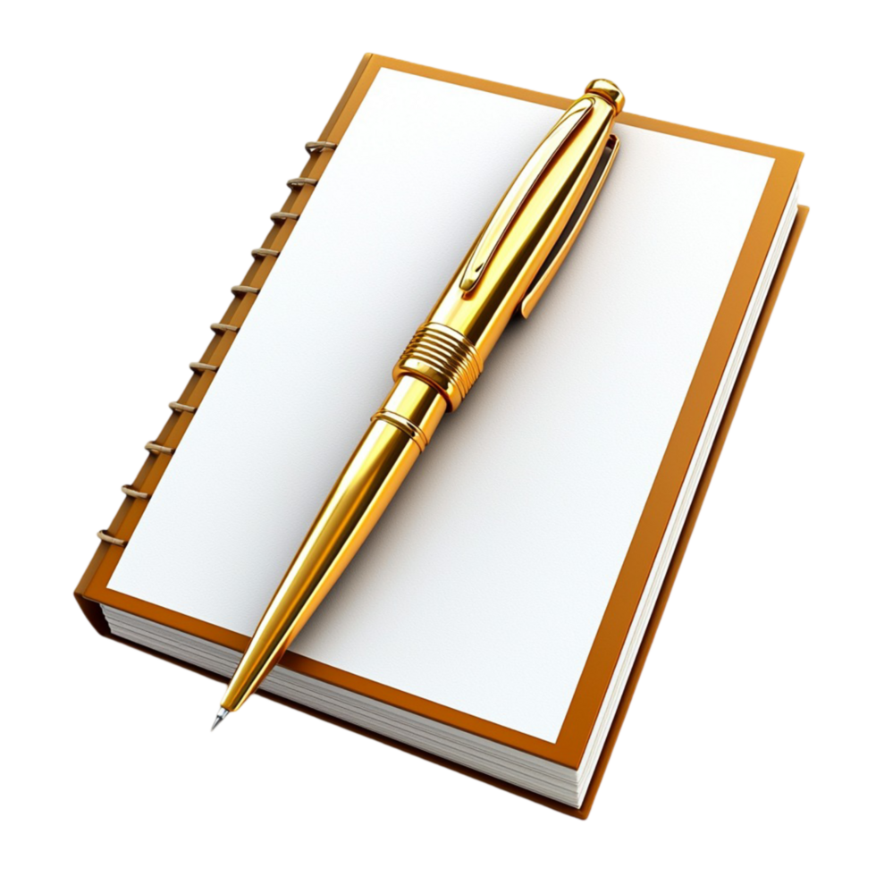 bound notebook with a sleek golden pen on top png
