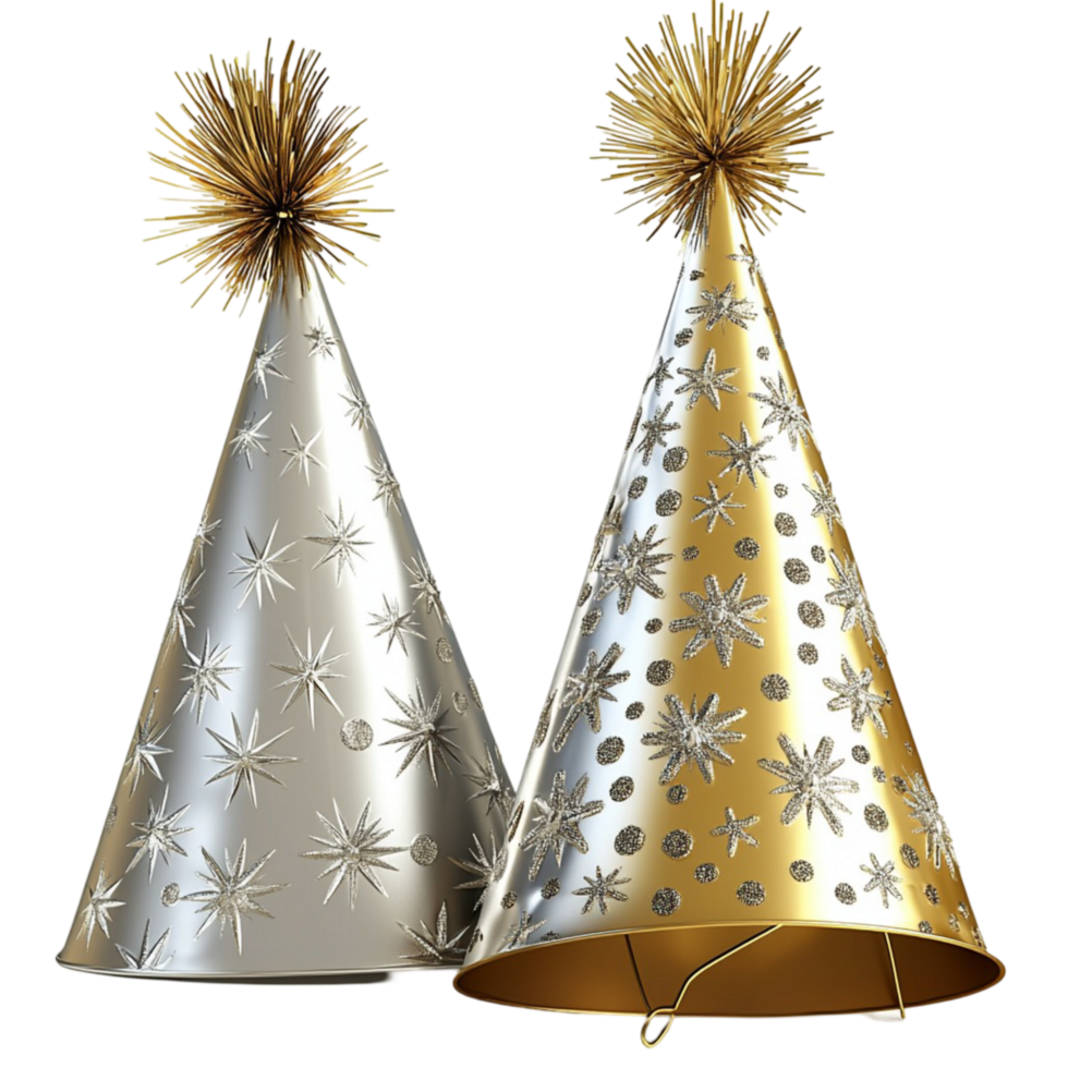 Festive gold and silver party hats with sparkling decorations png