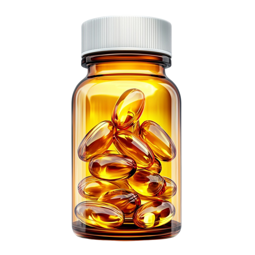 amber pill bottle filled with golden gel capsules png