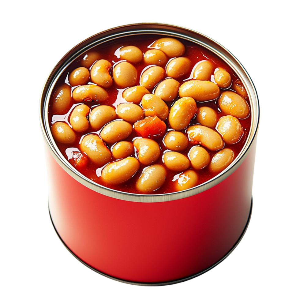 Open red tin can filled with golden brown beans in a thick sauce png