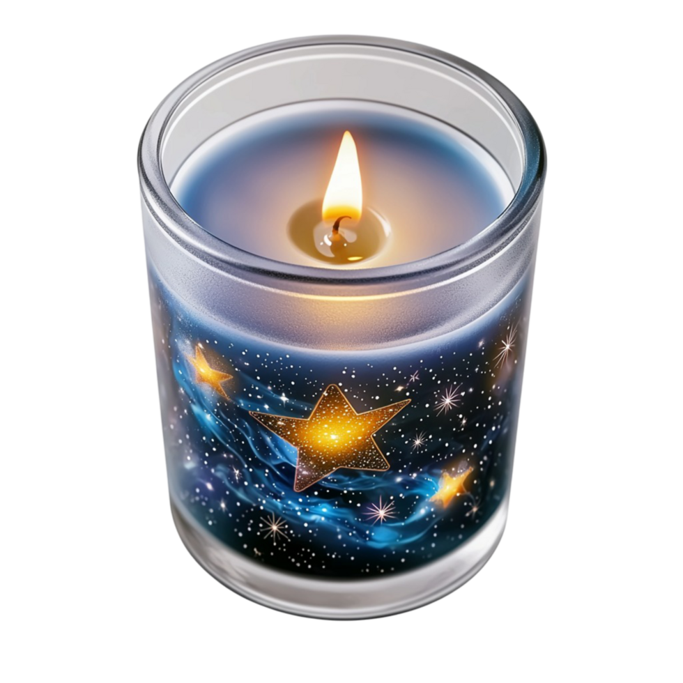 candle in a glass jar with a mesmerizing galaxy design png