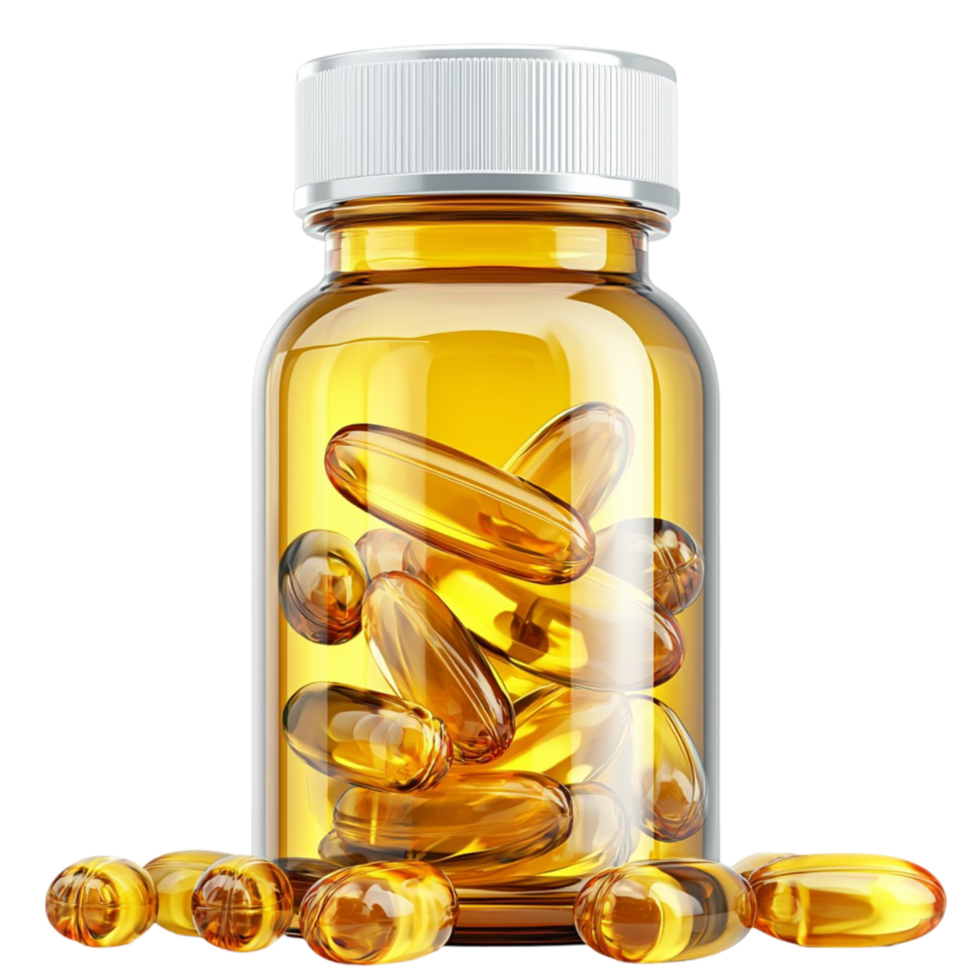 Small medical bottle containing yellow translucent capsules for health png