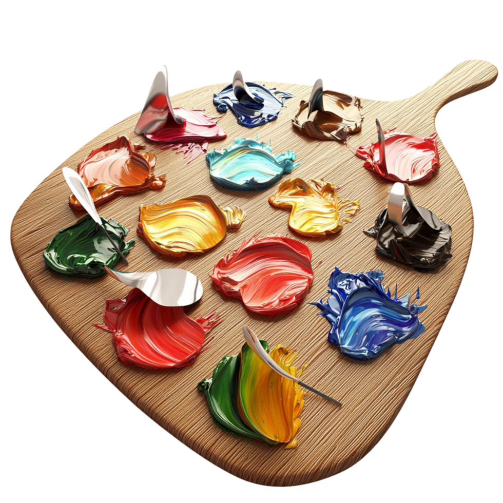 Artistic wooden palette with vibrant colors and tiny figurines png