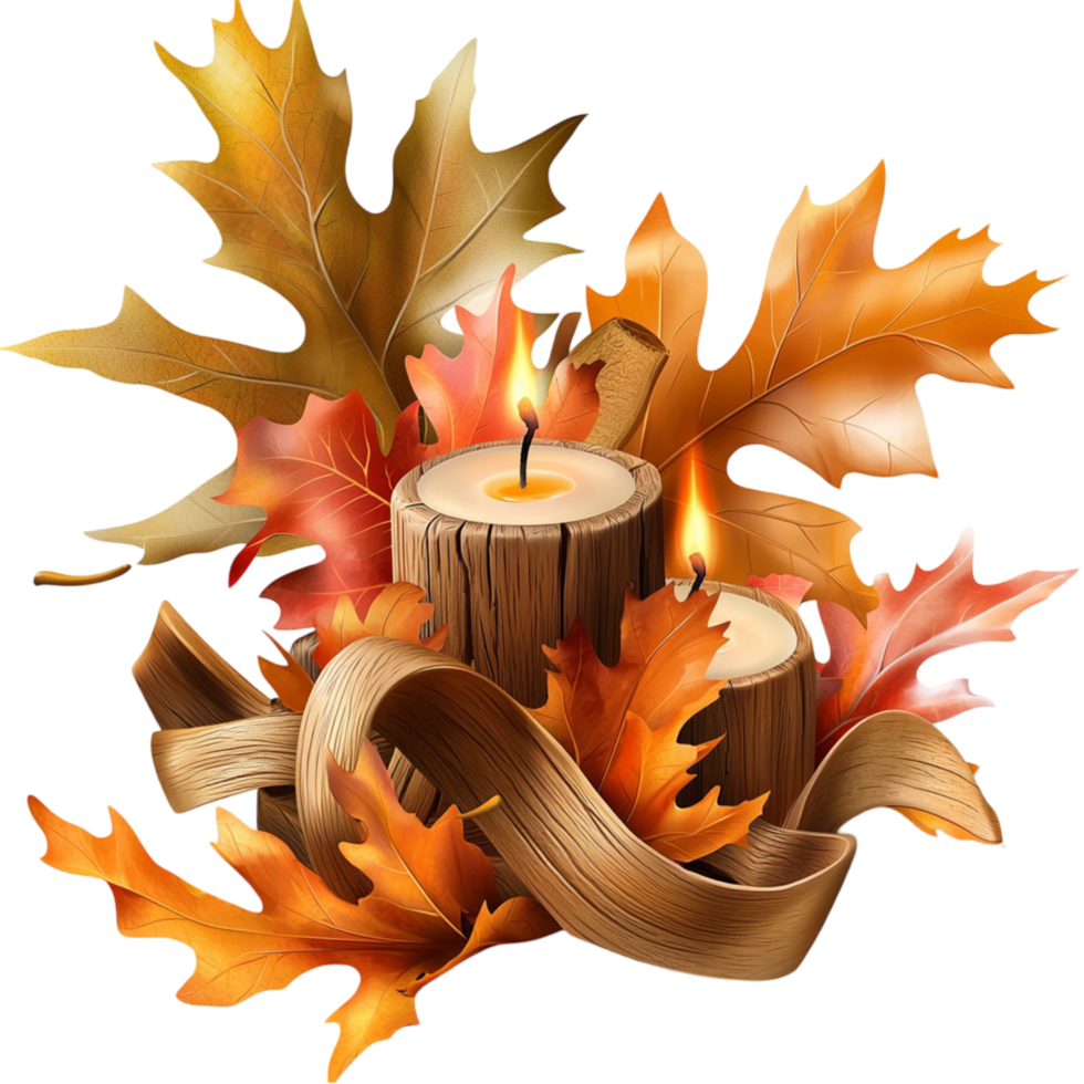 Rustic autumnthemed candle centerpiece with vibrant fall leaves png