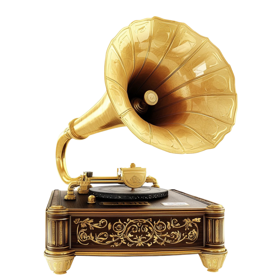 golden gramophone with an intricately designed wooden base png