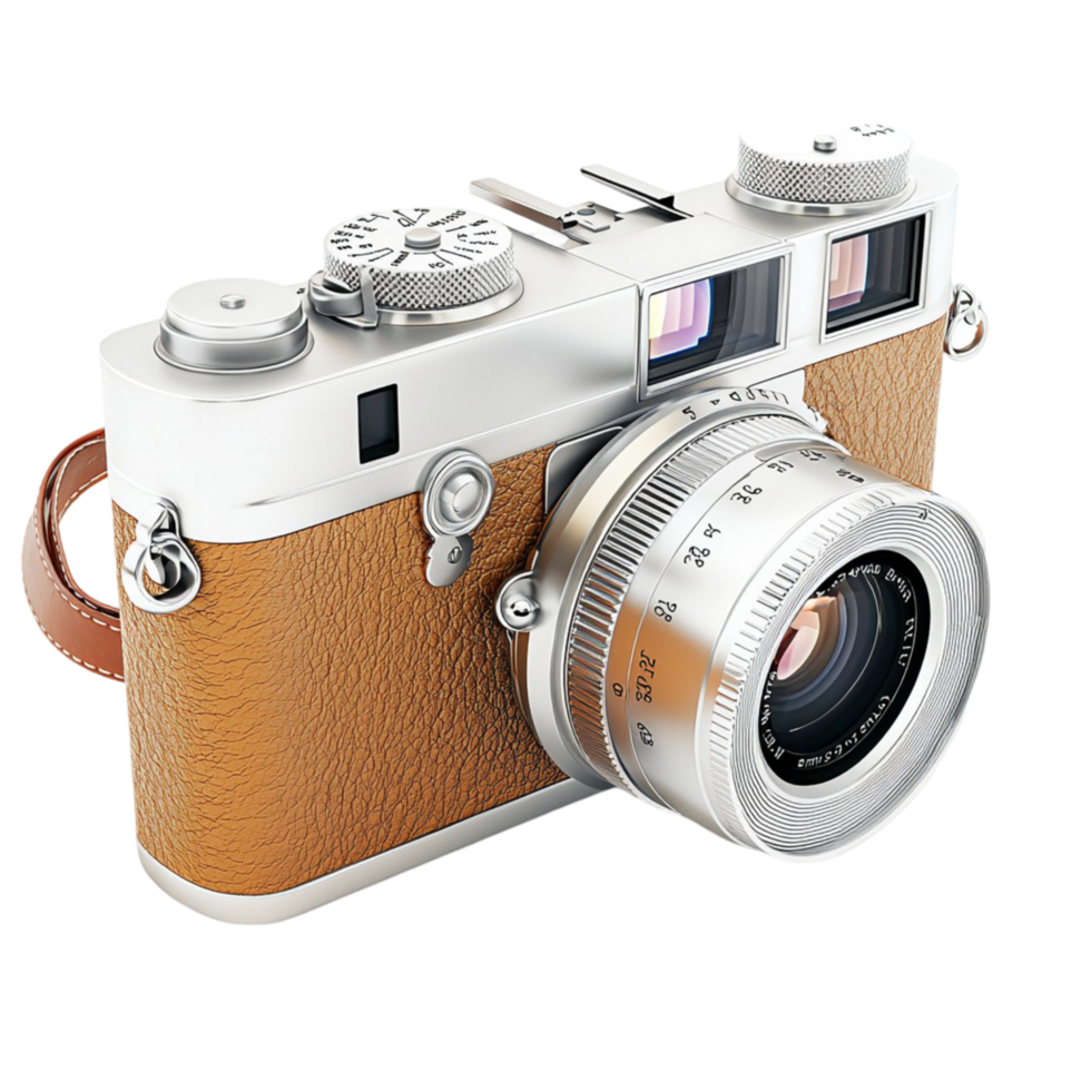 Vintage style camera with a sleek silver lens and accents png