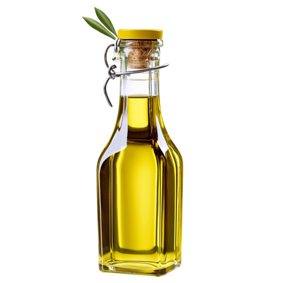 Small glass bottle of olive oil with a cork lid and a olive branch png