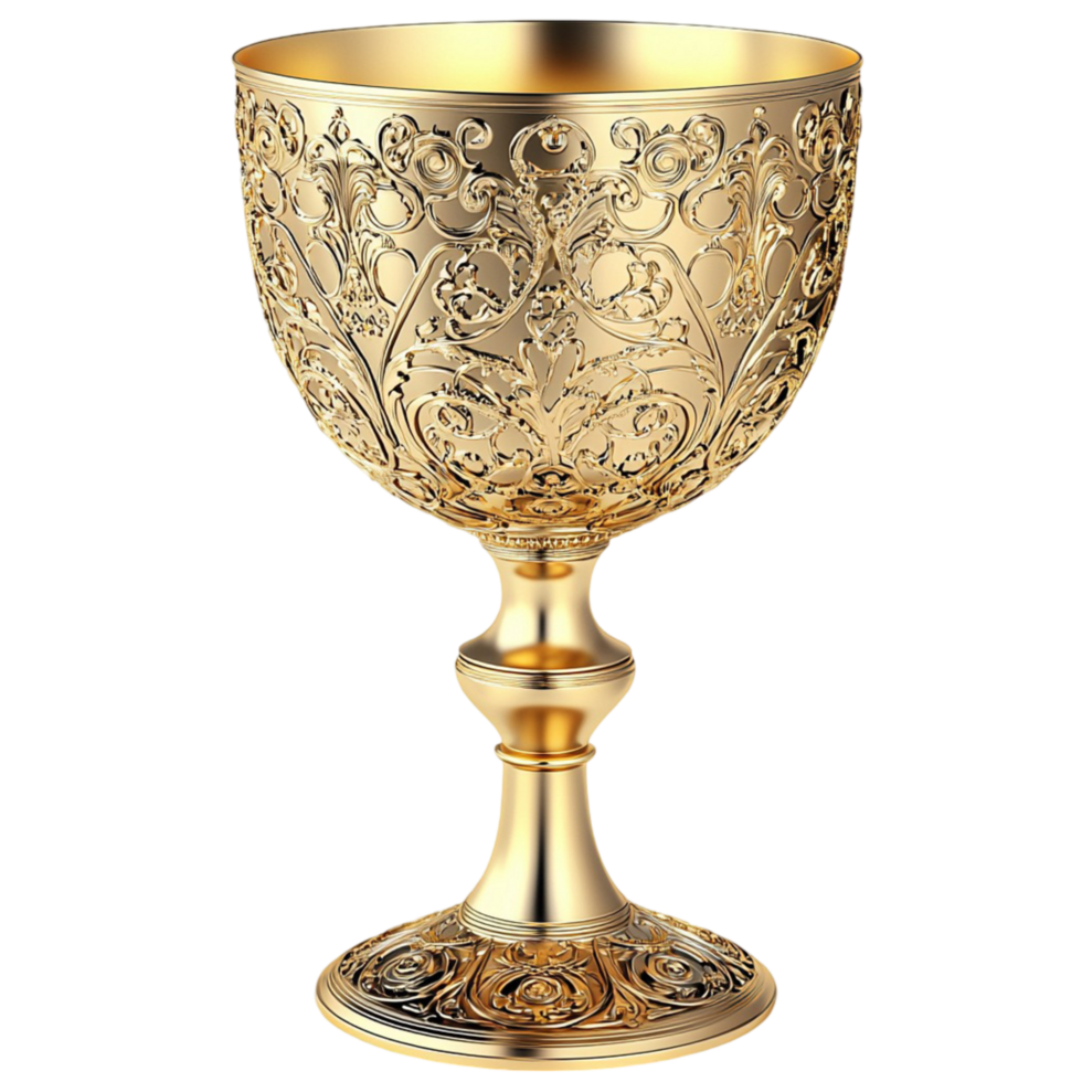 Ornate golden chalice with intricate floral engravings png