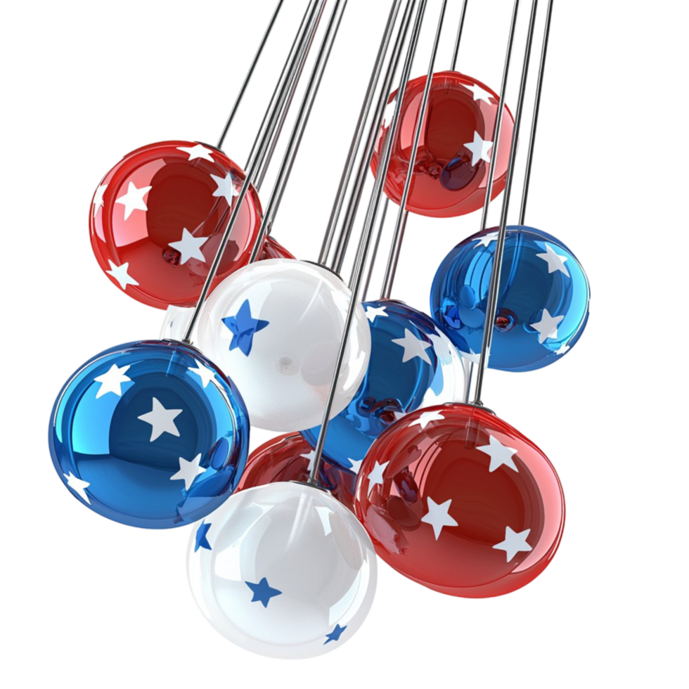 Hanging patriotic ornaments with red white and blue star designs png