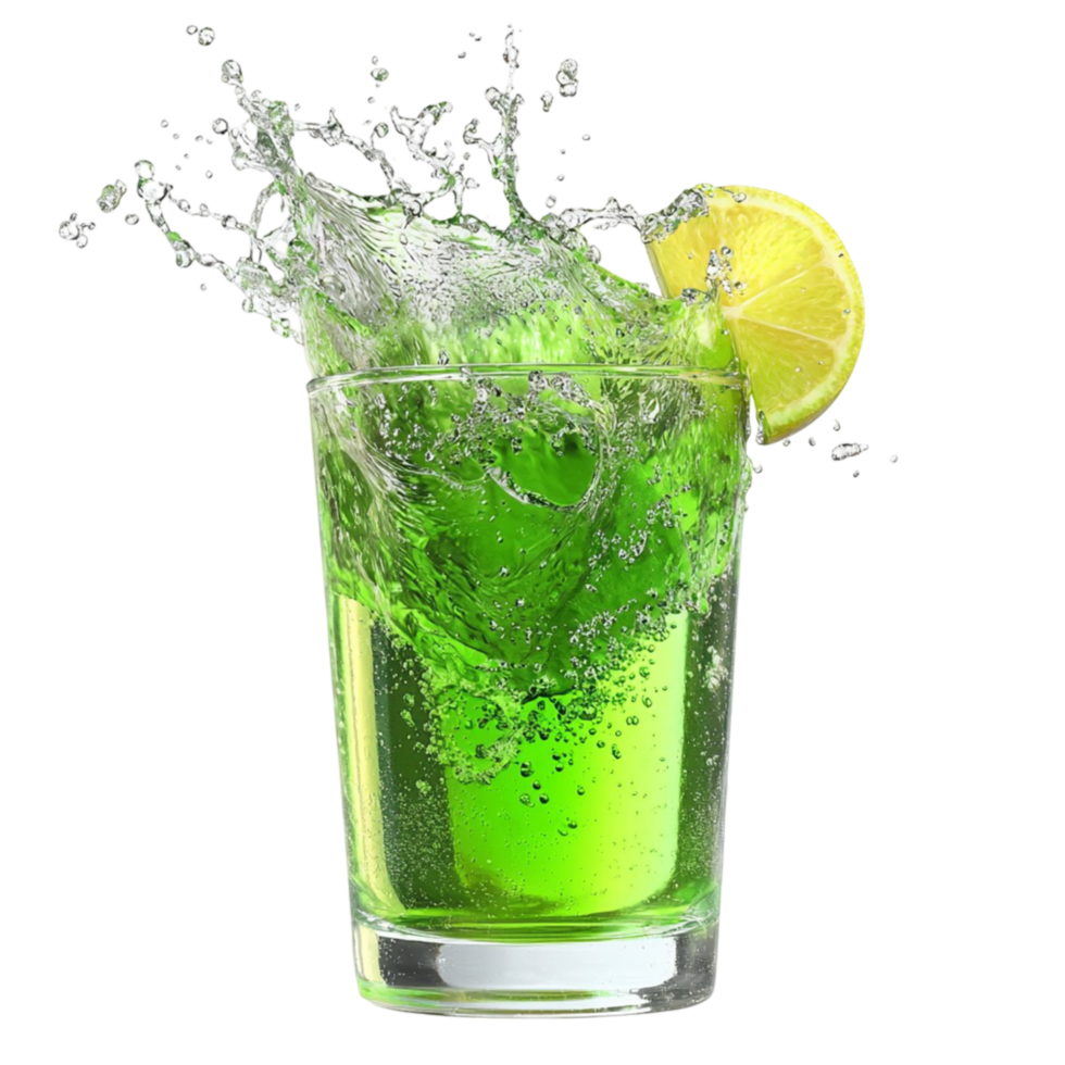 Reing green cocktail with ice lemon slice and a splash effect png