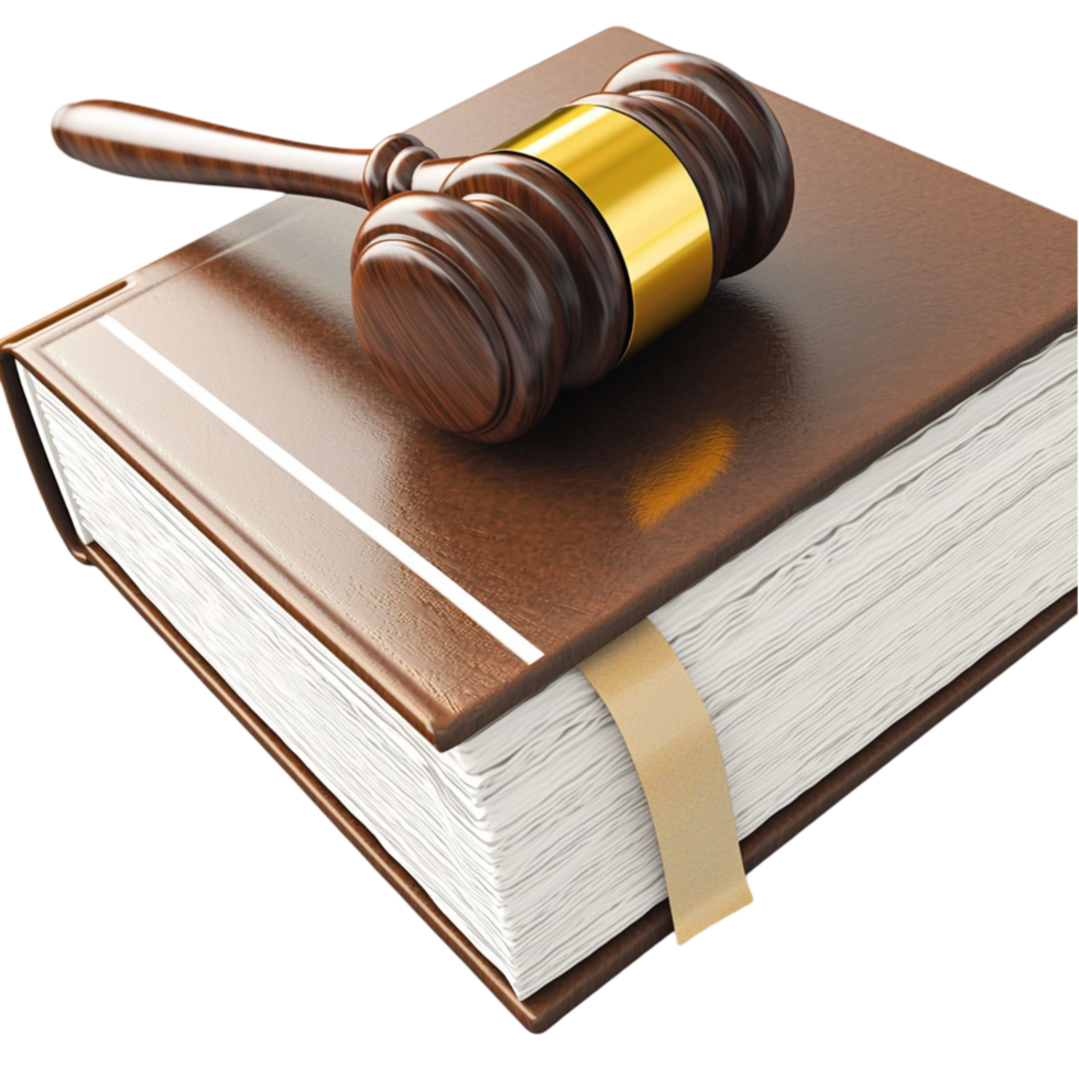 Wooden gavel resting on a thick bound law book png