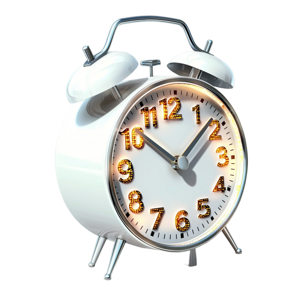 white alarm clock with silver bells and black numerals png