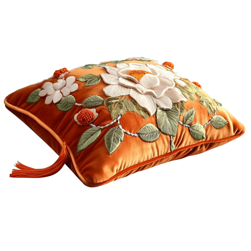 Plush pillow with embroidered flowers and tassels png