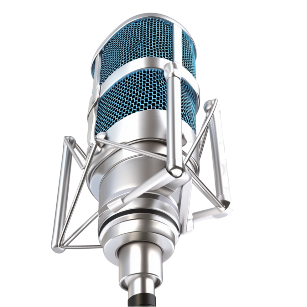 Professional studio microphone with a silver mesh and blue accents png