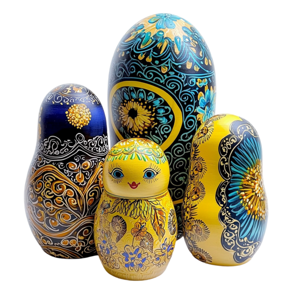 Beautifully designed blue and yellow nesting dolls with ornamental patterns png