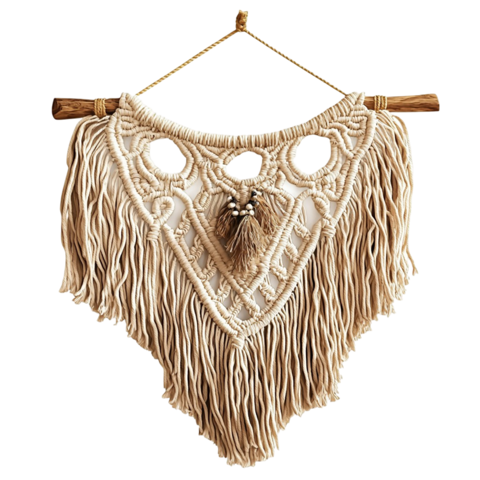 Bohemian macrame wall hanging with intricate knot patterns and beads png