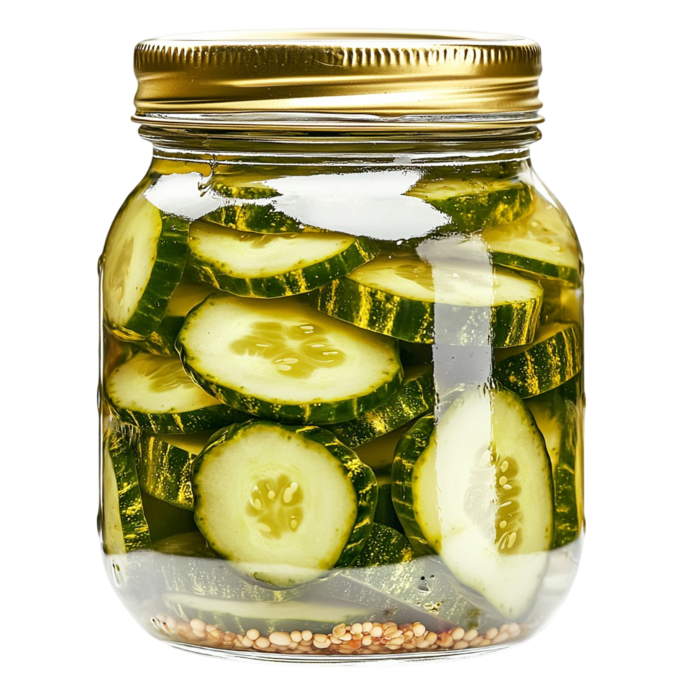 Glass jar of pickled cucumbers with mustard seeds and spices png