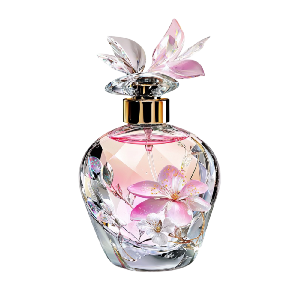 Crystal perfume bottle with delicate floral details and a golden cap png