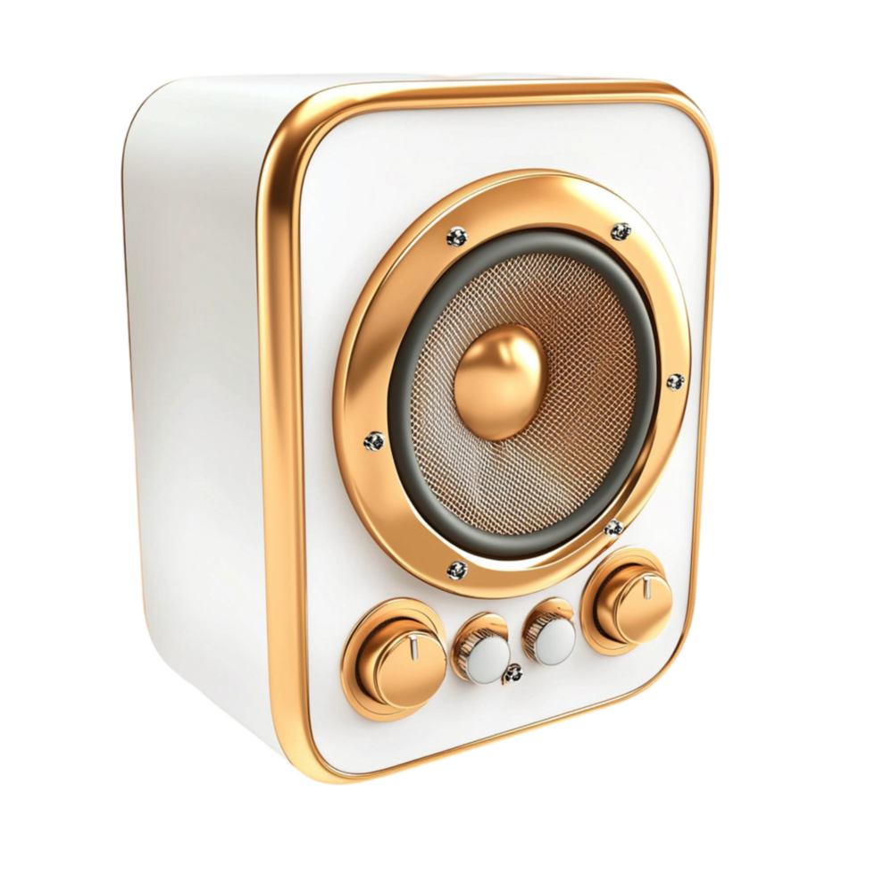 white and gold speaker with a vintage inspired design and premium sound png