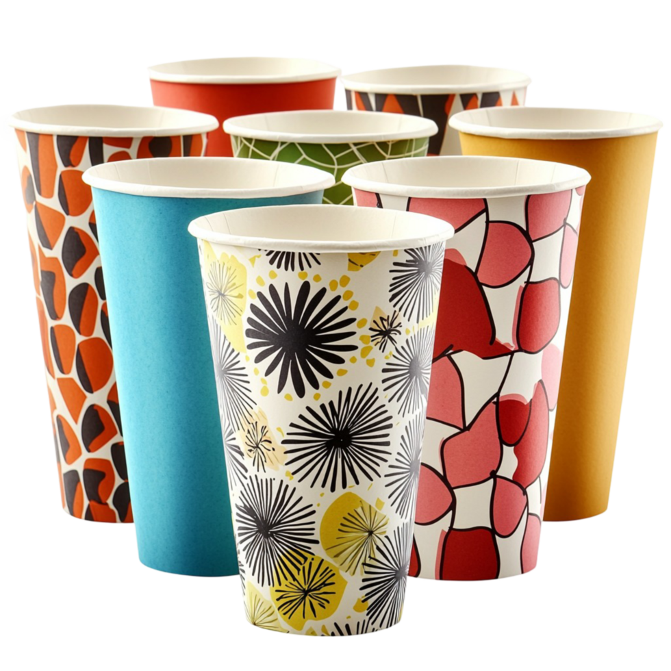 Collection of colorful disposable cups withistic and geometric patterns png