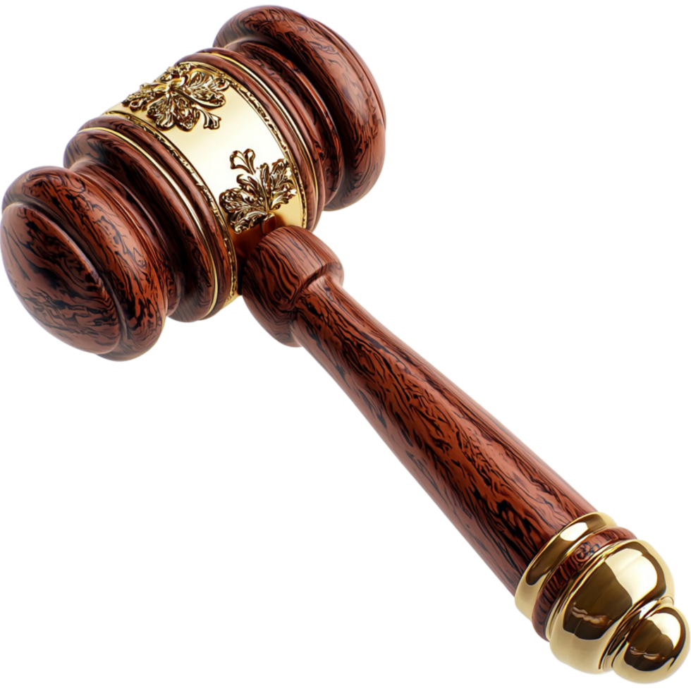 wooden judge gavel with golden detailing for courtroom use png