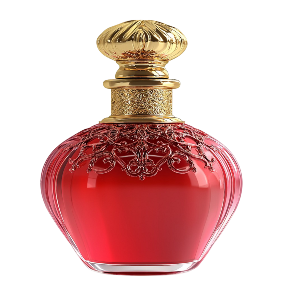 red perfume bottle with intricate golden detailing png