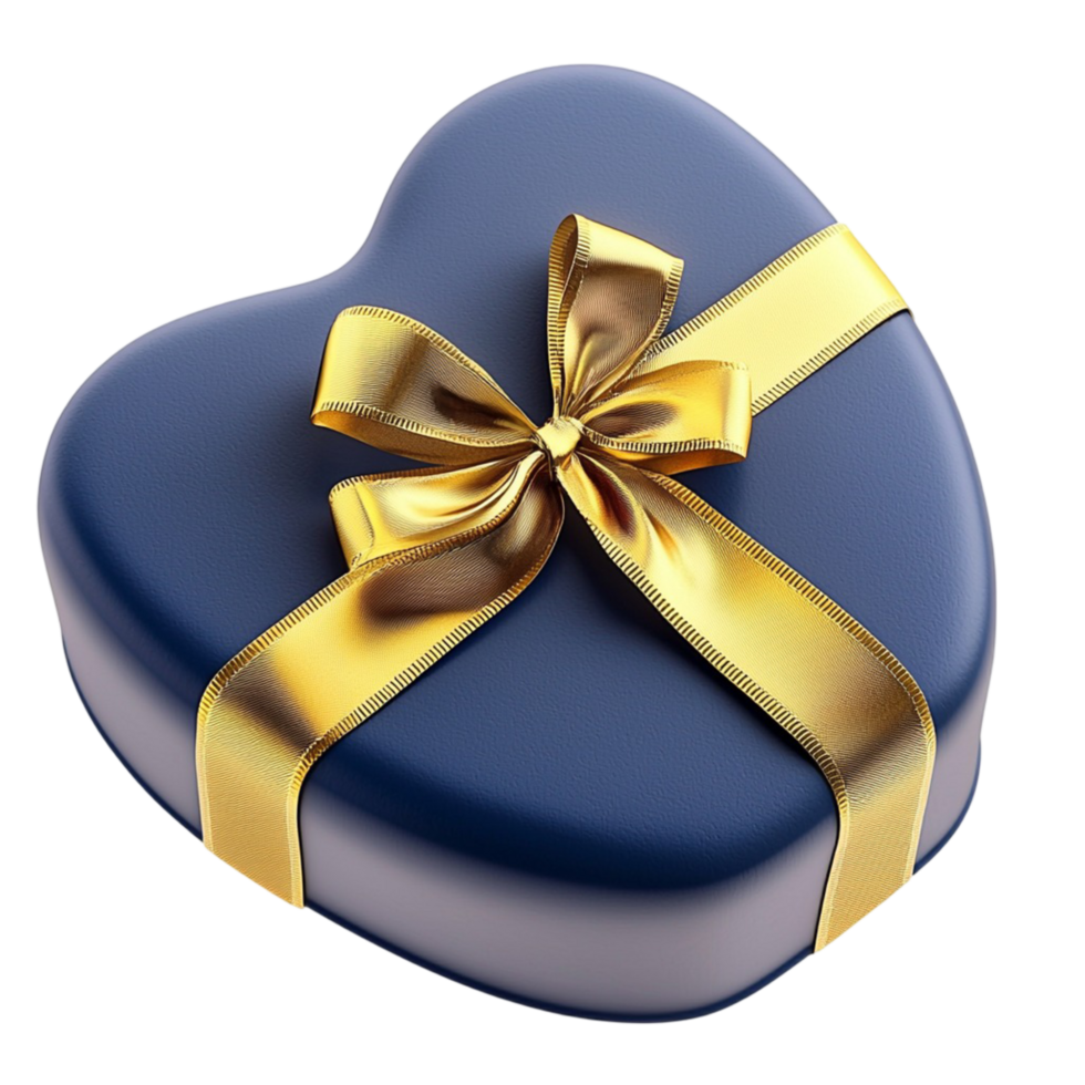heart shaped blue gift box with a golden ribbon bow png
