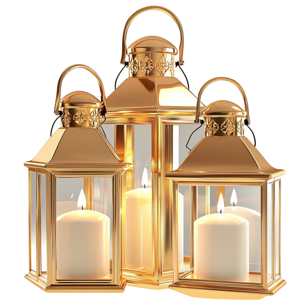 Set of three golden lanterns with glowing candles inside png