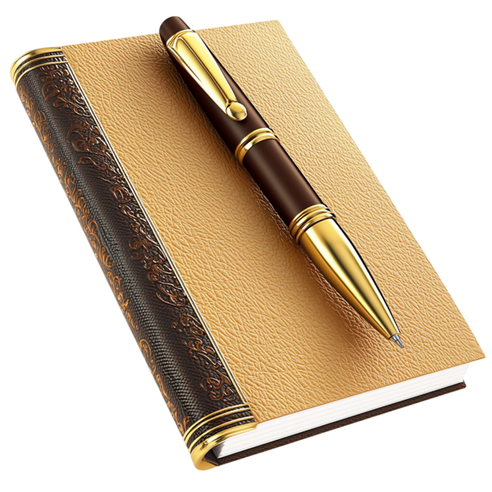 bound notebook with a gold and black pen on top png