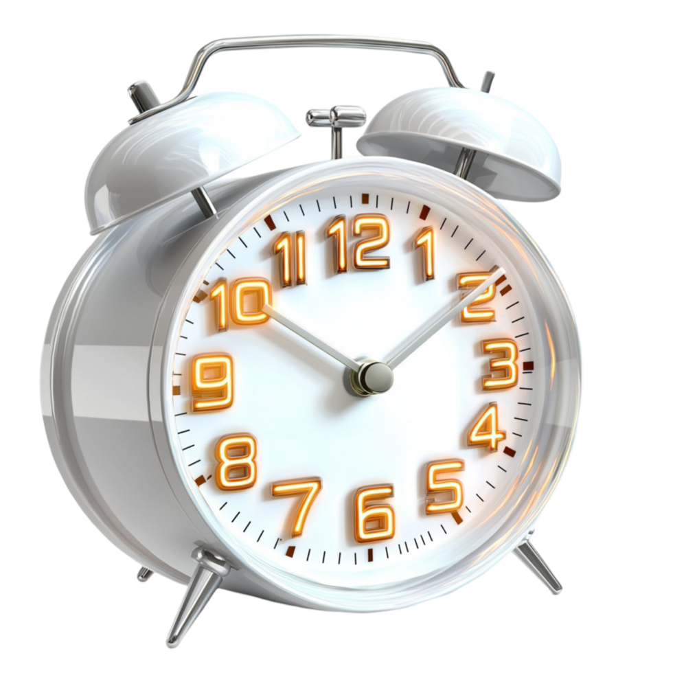 silver twinbell alarm clock with orange numbers png