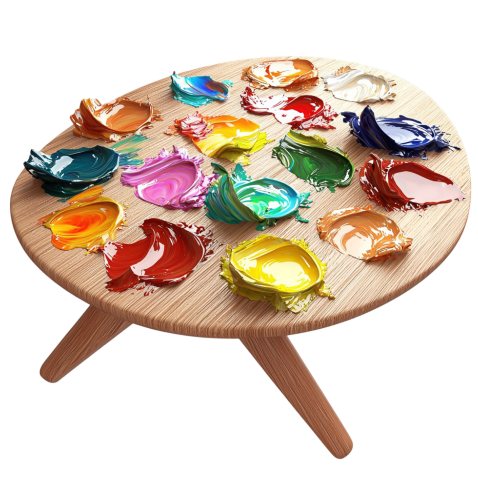 Woodenist palette with colorful splashes on a round table png