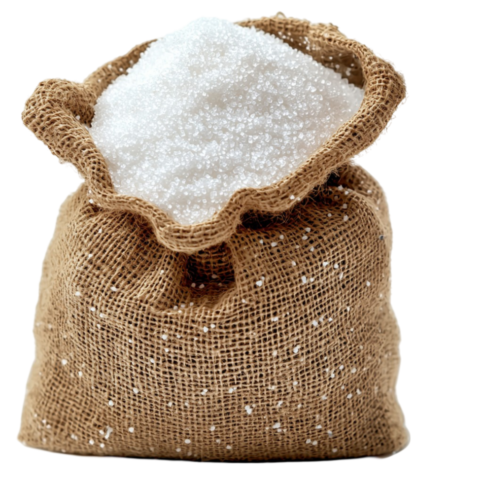 Rustic burlap sack filled with white granulated sugar png