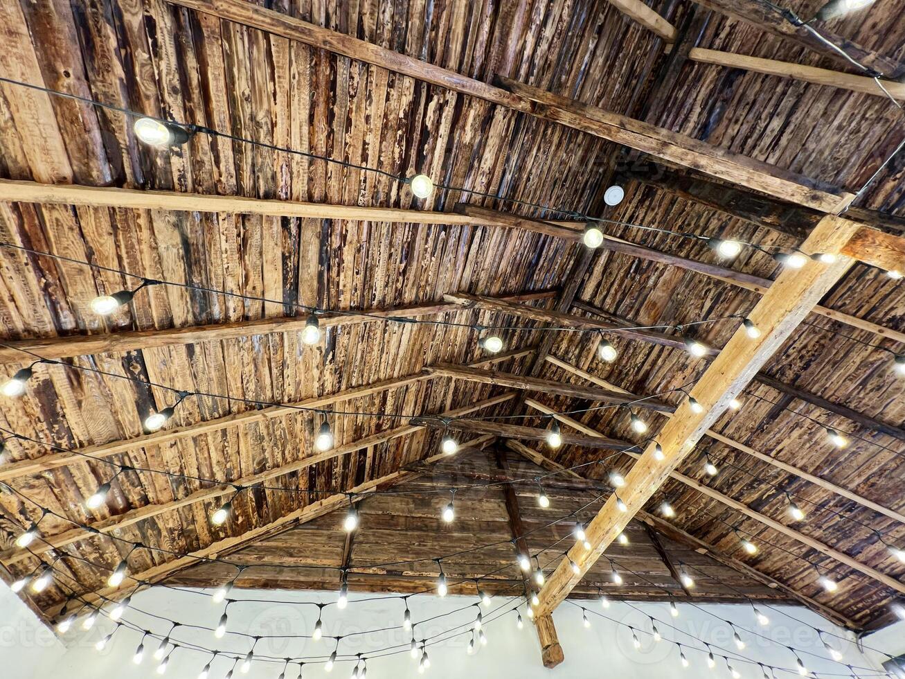 Rustic wooden ceiling adorned with warm string lights during nighttime photo