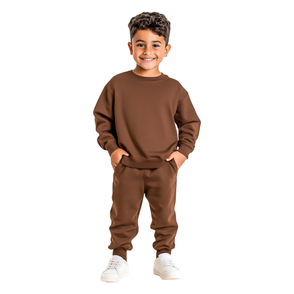 Cheerful boy in stylish brown outfit smiles brightly in urban setting png