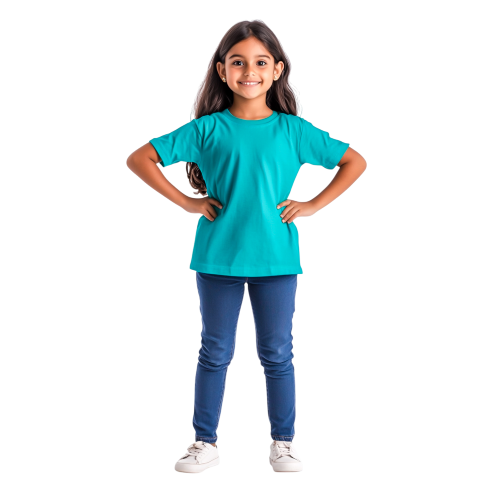 Happy Child in Bright Turquoise T-Shirt and Jeans with Smiling Pose png