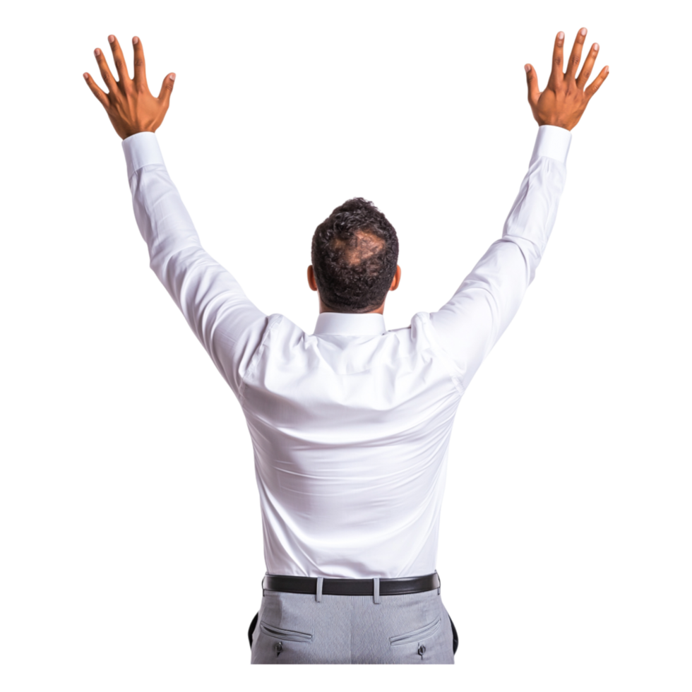 Businessman Celebrating Success with Arms Raised in Joyful Expression png