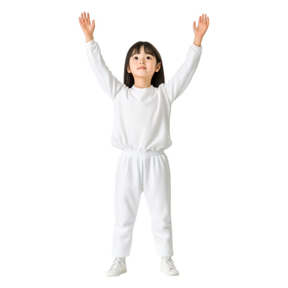Happy Child Celebrating with Arms Raised in White Athletic Outfit png