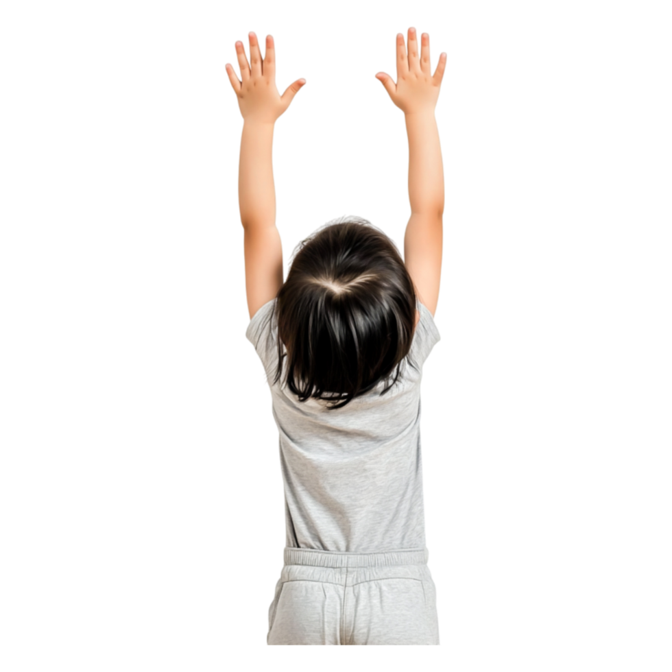 Child Reaching Upwards with Joy in a Bright Room Setting png