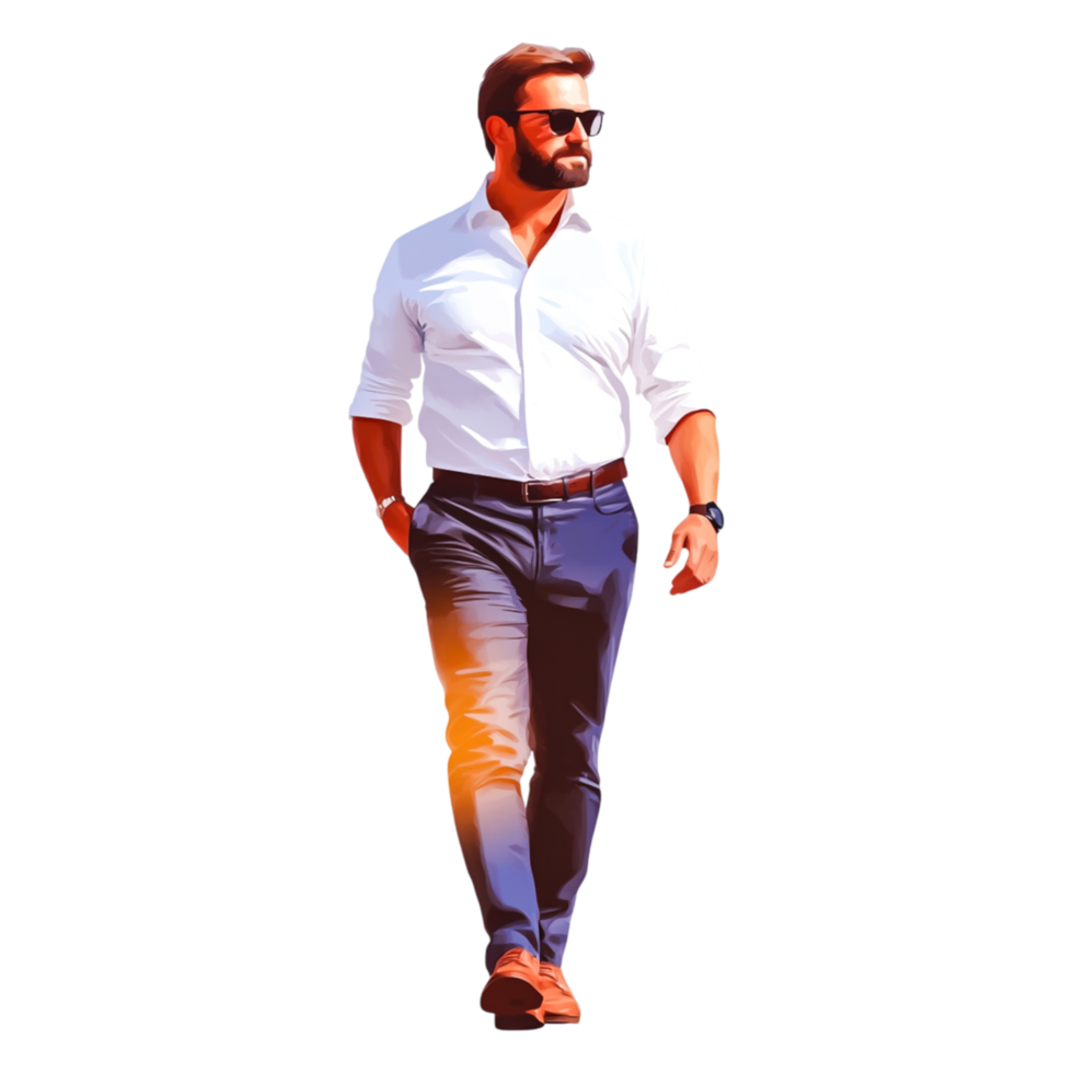 Confident Businessman Walking in Urban Setting with Sunglasses Style png