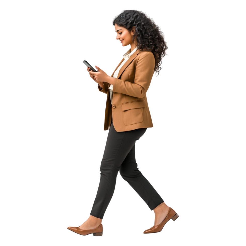Confident Woman in Business Attire Walking While Using Smartphone png