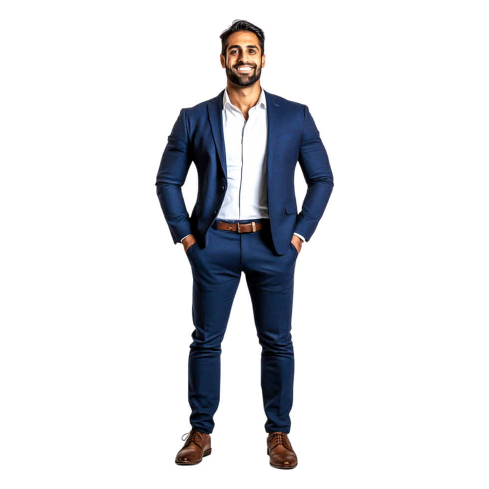Confident Businessman in Formal Attire Smiling with Hands in Pockets png