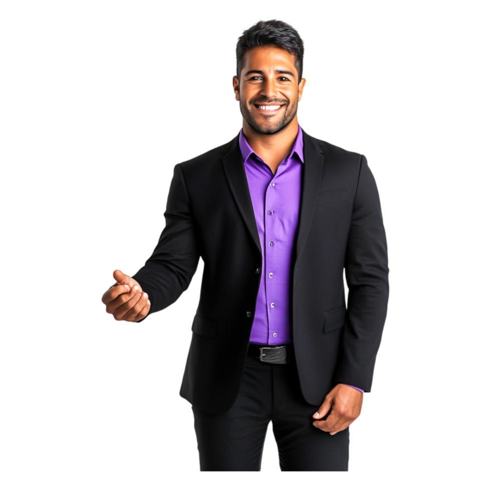 Confident Businessman in Suit Posing with Friendly Gesture png
