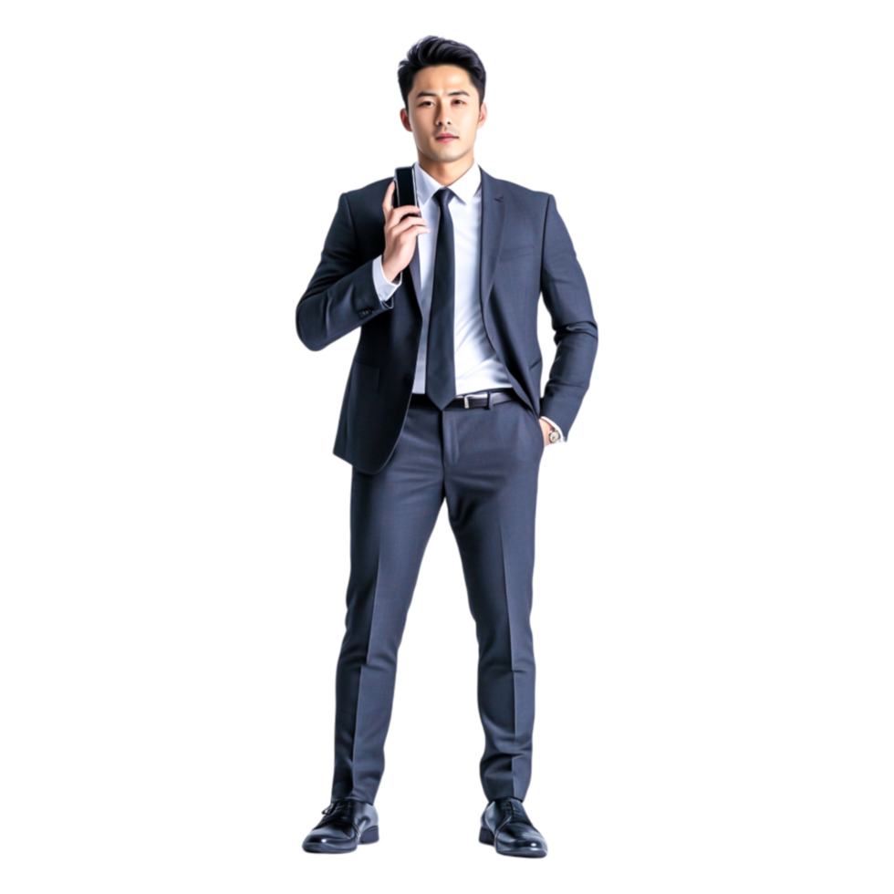 Confident Businessman Standing with Finger Raised in Formal Attire png