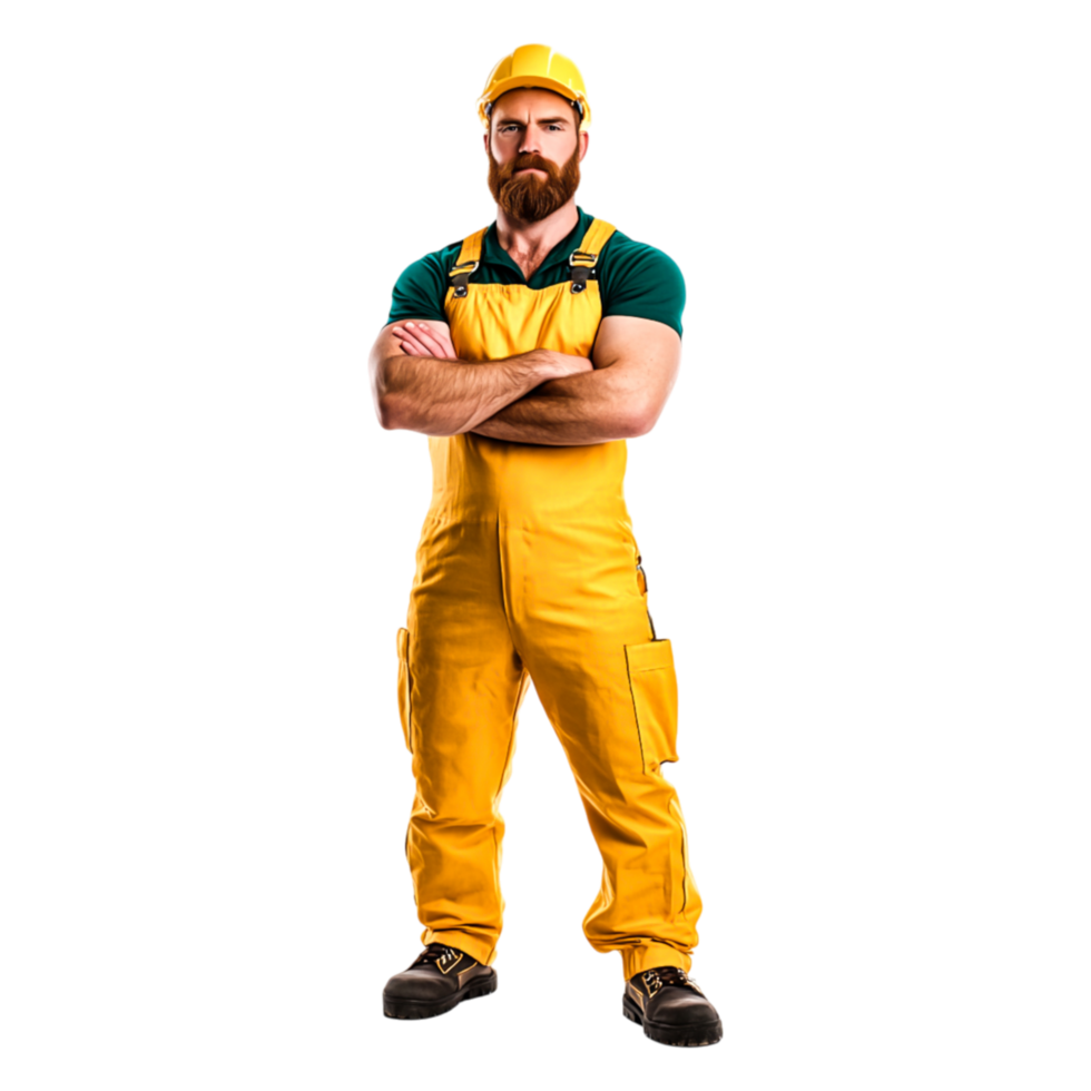 Strong Male Worker in Yellow Overalls with Arms Crossed and Serious Look png