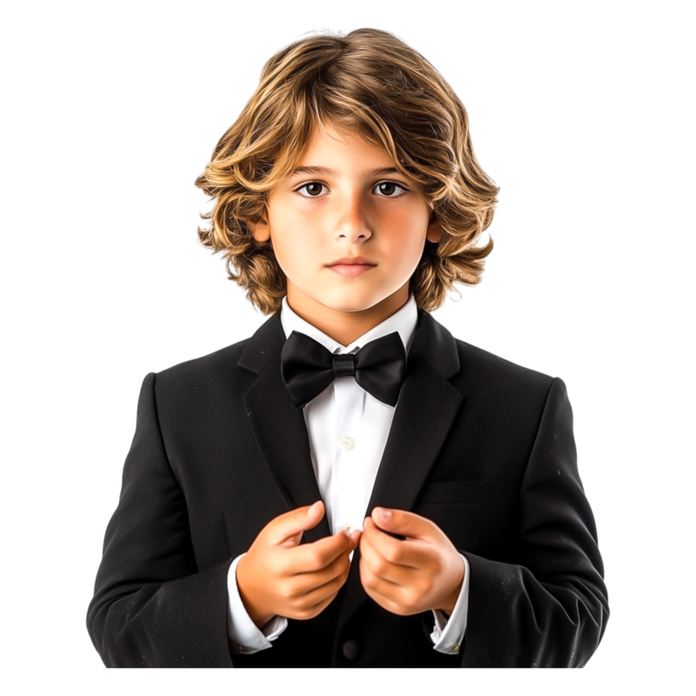 Young Boy in Formal Attire with Bow Tie and Serious Expression png