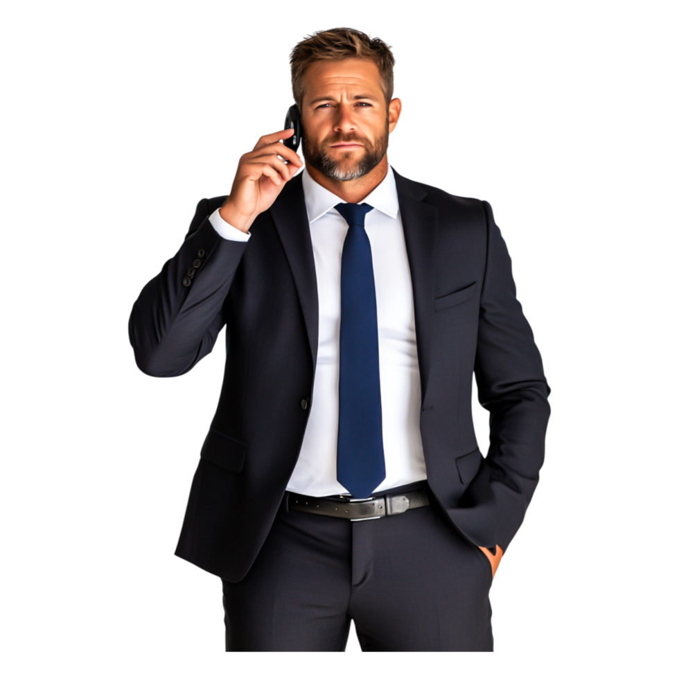 Confident Businessman in Suit Talking on Phone with Professional Charm png