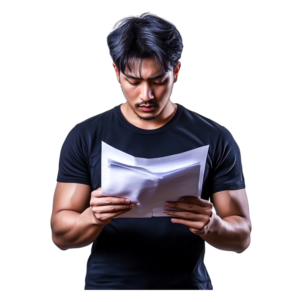 Young Man Examining Documents with Serious Expression in Black Shirt png