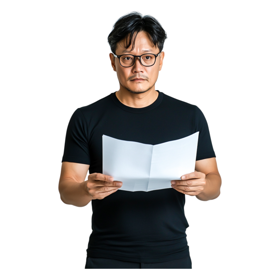 Man in Black Shirt Reading Document with Serious Expression png